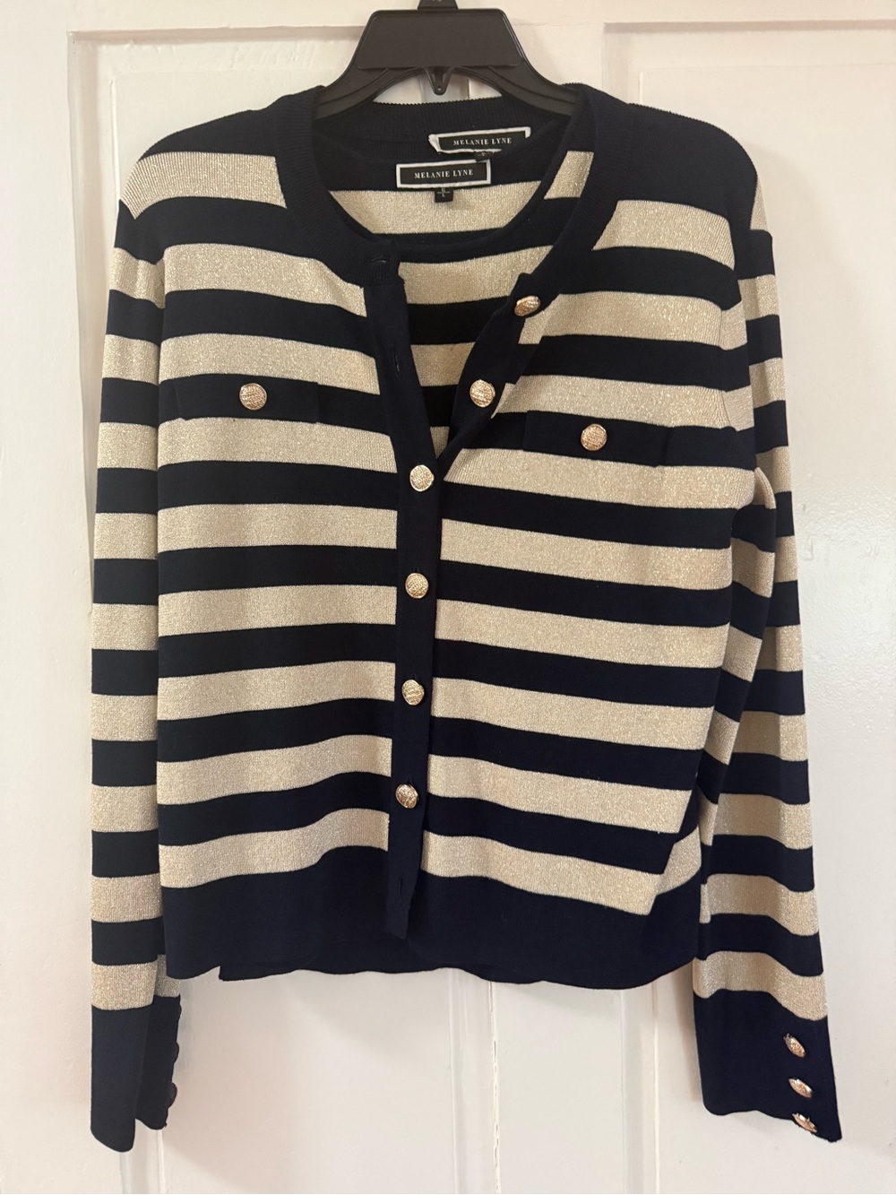 MELANIE LYNE Navy and Cream Striped Button Cardigan Sweater